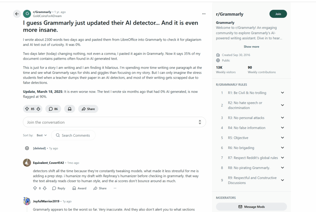 Reddit comment on Grammarly ai humanizer
